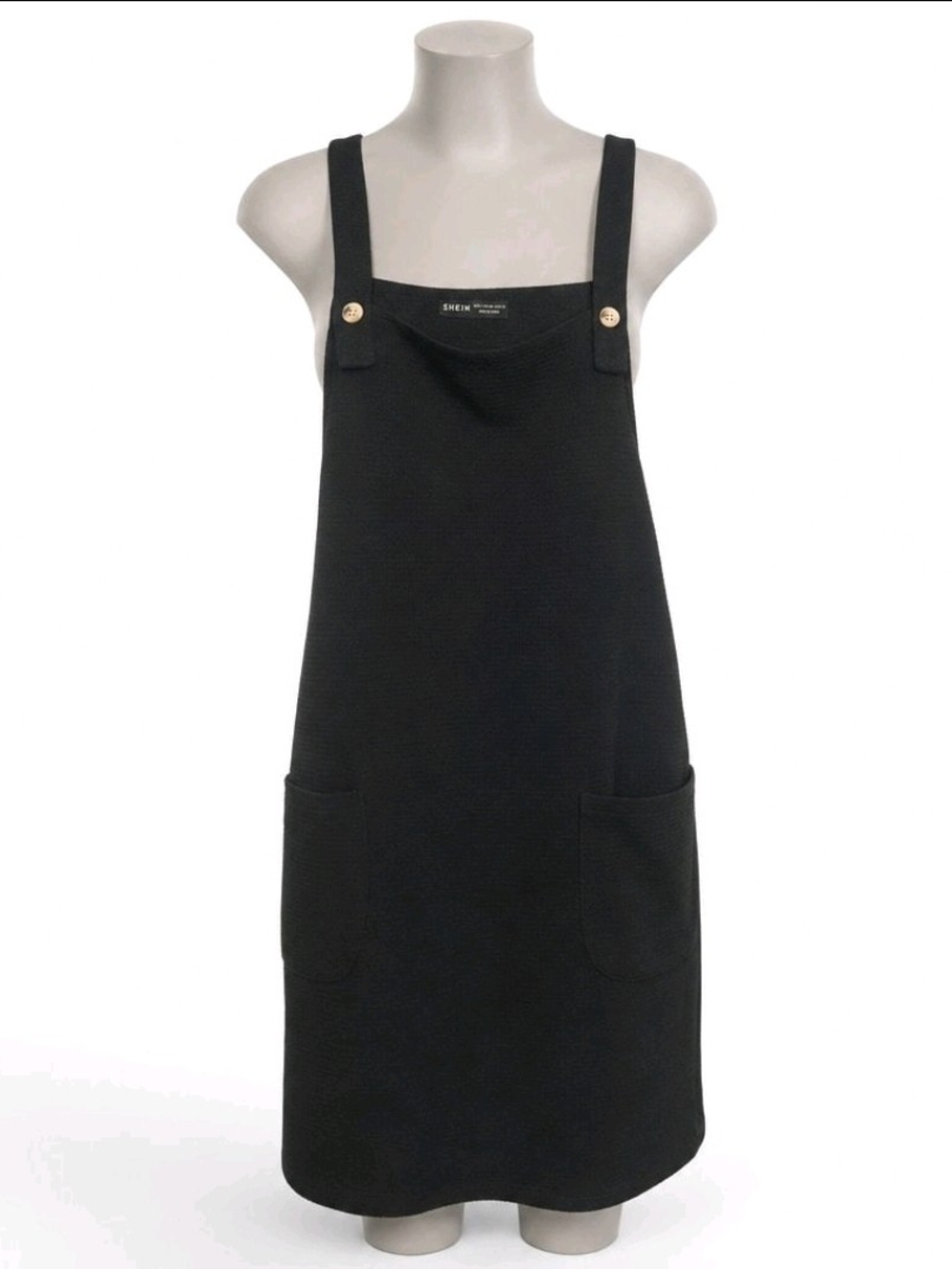 SHEIN Black Pinafore Pocket Midi Dress with Button Straps